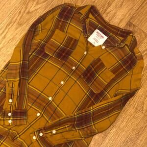 Mossimo Supply Co Yellow Orange Boyfriend Fit Plaid Long Sleeve Flannel Top